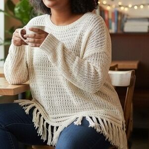 Cavalini Sweater Collection Women PXL Oatmeal Beige Open Knit Fringe Pullover